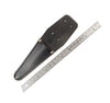 A black leather scissor holster with a metallic buckle, alongside a ruler for scale.