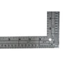 An aluminium L-shaped square with measurements marked on one side and scales on the other.