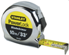 Stanley Powerlock Bladearm tape measure with a silver metal blade and a black and yellow label that includes the brand and model information.