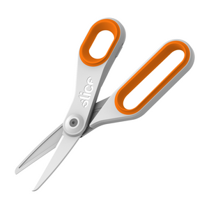 Pair of scissors with orange handles on a white background
