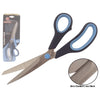 A pair of Mundia brand scissors with blue softgrip handles and black blades, displayed with its packaging behind it.