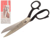 A pair of nickel-plated tailor's shears with black enamelled handles, displayed in front of its packaging.