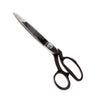 A pair of black left-handed tailor's shears with straight pointed tip cutting blades made from chrome-plated polished steel.