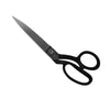 A pair of black, nickel-plated, enamelled-handle tailor shears with pointed blades.