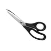 Embroidery scissors with curved pointed blades and black ergonomic handles for needlework