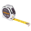 A Komelon steel tape measure with a chrome case and yellow measuring tape extended.