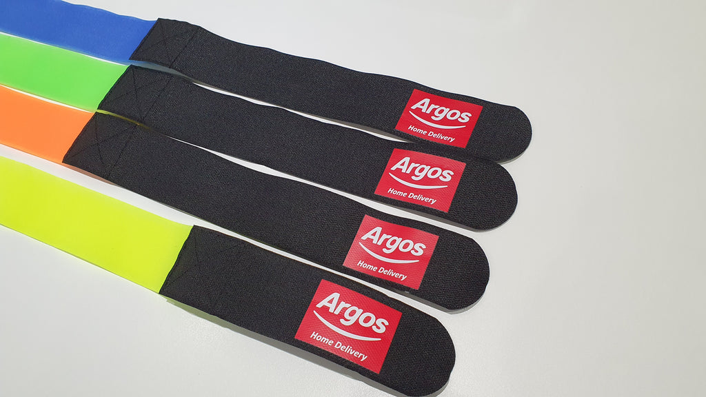hook and loop straps with the argos logo printed on them.