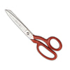 Stainless steel sewing scissors with red ergonomic handles and pointed blades